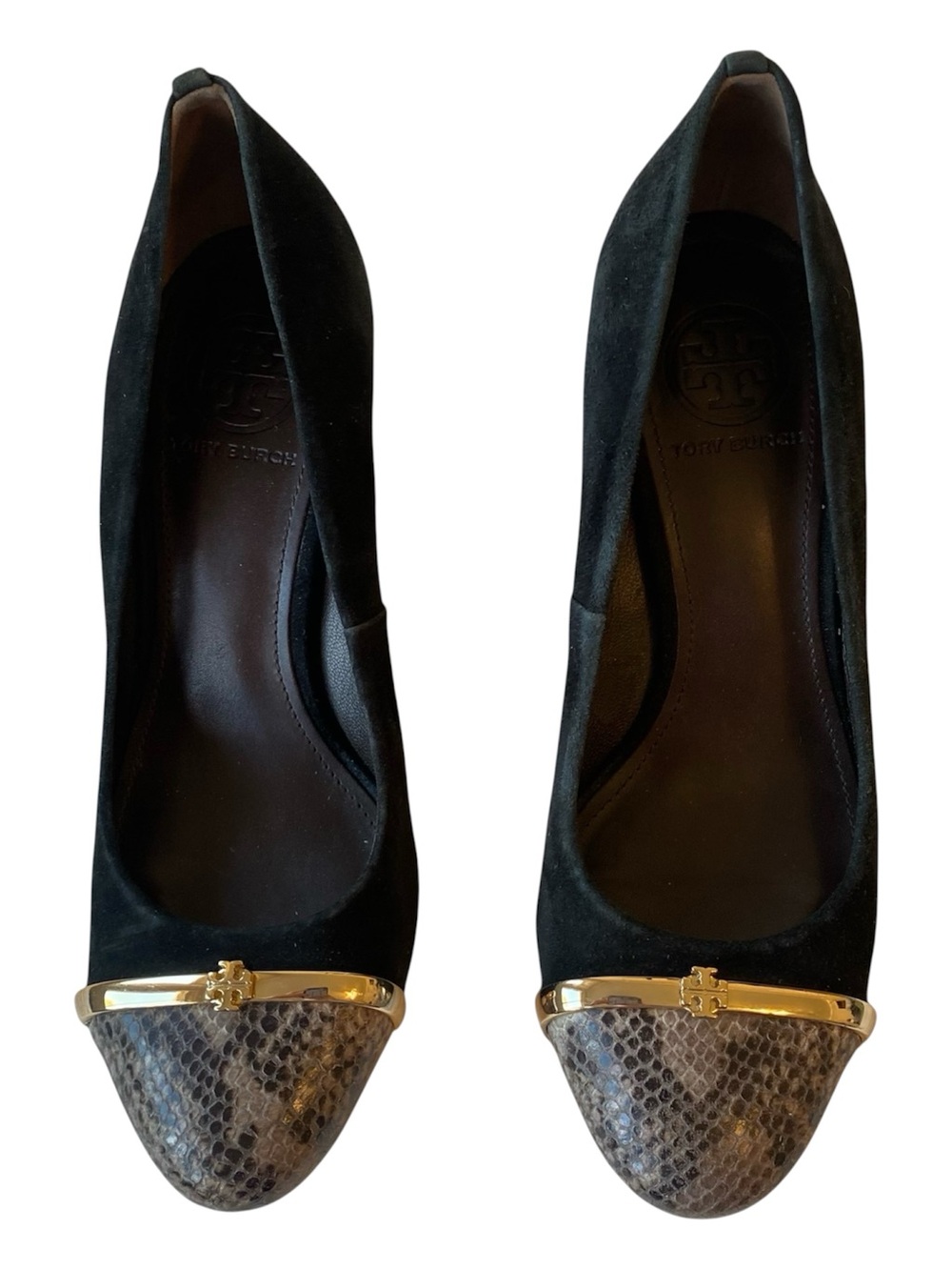 Tory Burch Pacey Black Suede Snake Cap Toe Block Heel Pumps Women’s 7 - Picture 4 of 12